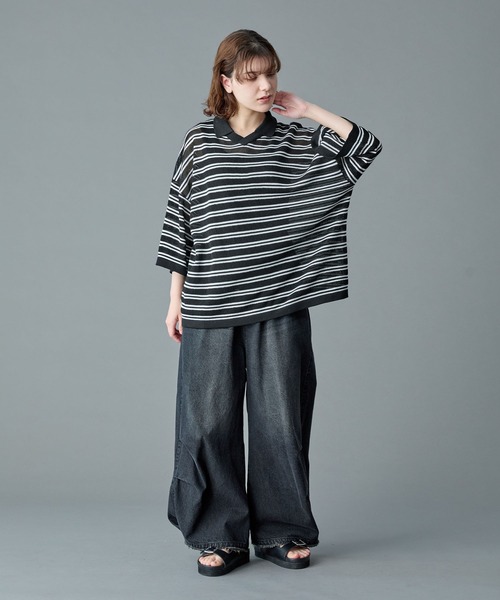 RUUBON（ルーボン）の「【RUUBON】border mesh knit game shirt / ボーダーメッシュニットゲームシャツ（ポロシャツ・メンズ・ブラック×ホワイト/ホワイト×ブラック・L/M/S）」の15枚目の写真