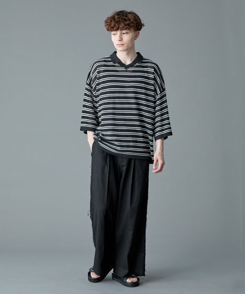 RUUBON（ルーボン）の「【RUUBON】border mesh knit game shirt / ボーダーメッシュニットゲームシャツ（ポロシャツ・メンズ・ブラック×ホワイト/ホワイト×ブラック・L/M/S）」の16枚目の写真