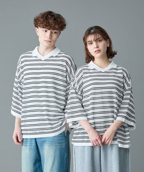 RUUBON（ルーボン）の「【RUUBON】border mesh knit game shirt / ボーダーメッシュニットゲームシャツ（ポロシャツ・メンズ・ブラック×ホワイト/ホワイト×ブラック・L/M/S）」の19枚目の写真
