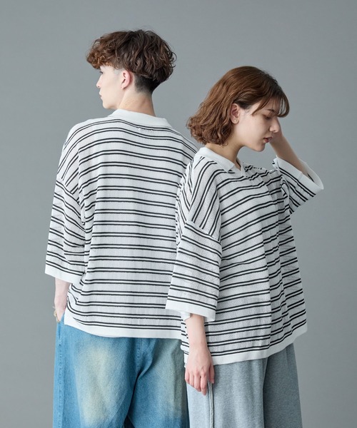 RUUBON（ルーボン）の「【RUUBON】border mesh knit game shirt / ボーダーメッシュニットゲームシャツ（ポロシャツ・メンズ・ブラック×ホワイト/ホワイト×ブラック・L/M/S）」の20枚目の写真