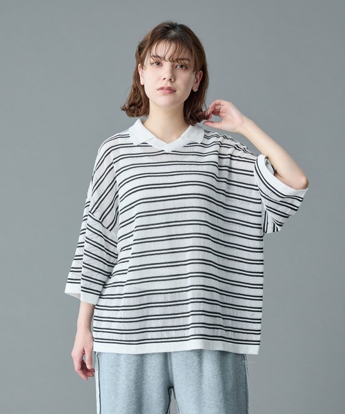 RUUBON（ルーボン）の「【RUUBON】border mesh knit game shirt / ボーダーメッシュニットゲームシャツ（ポロシャツ・メンズ・ブラック×ホワイト/ホワイト×ブラック・L/M/S）」の21枚目の写真
