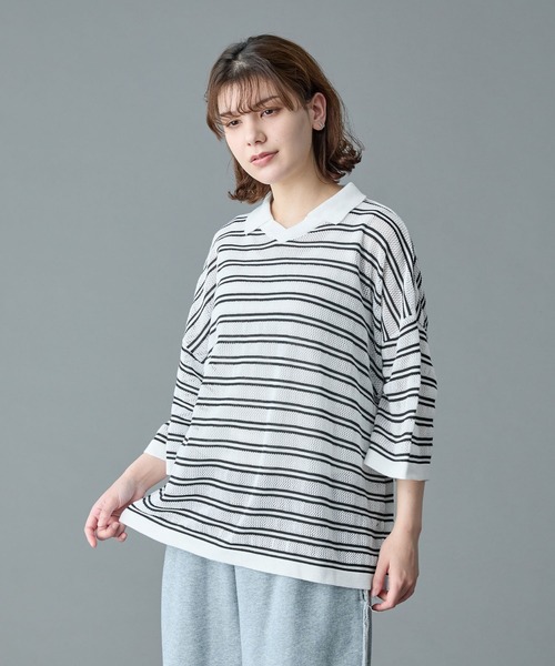 RUUBON（ルーボン）の「【RUUBON】border mesh knit game shirt / ボーダーメッシュニットゲームシャツ（ポロシャツ・メンズ・ブラック×ホワイト/ホワイト×ブラック・L/M/S）」の22枚目の写真