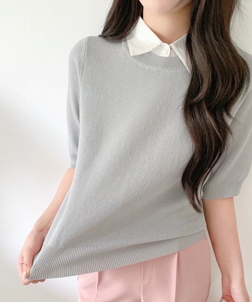 グレー 半袖ニットセーター　monoha MinoriTY セーター ニット 「唯一無二の編みデザイン」透かし