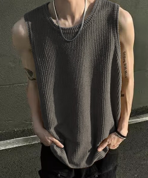 NOWLE（ノウル）の「【NOWLE】Y2K ストライプ サーマル ノースリーブ トップス（タンクトップ・メンズ・ブラック/アッシュブラウン/グレー/ホワイト・FREE）」の4枚目の写真