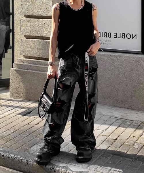 NOWLE（ノウル）の「【NOWLE】Y2K ストライプ サーマル ノースリーブ トップス（タンクトップ・メンズ・ブラック/アッシュブラウン/グレー/ホワイト・FREE）」の10枚目の写真