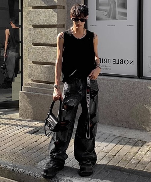 NOWLE（ノウル）の「【NOWLE】Y2K ストライプ サーマル ノースリーブ トップス（タンクトップ・メンズ・ブラック/アッシュブラウン/グレー/ホワイト・FREE）」の7枚目の写真