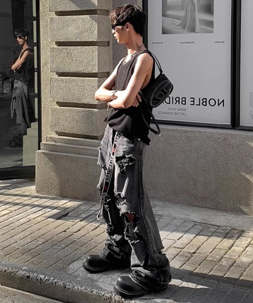 NOWLE（ノウル）の「【NOWLE】Y2K ストライプ サーマル ノースリーブ トップス（タンクトップ・メンズ・ブラック/アッシュブラウン/グレー/ホワイト・FREE）」の14枚目の写真