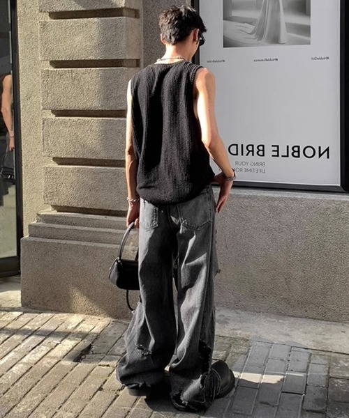 NOWLE（ノウル）の「【NOWLE】Y2K ストライプ サーマル ノースリーブ トップス（タンクトップ・メンズ・ブラック/アッシュブラウン/グレー/ホワイト・FREE）」の15枚目の写真