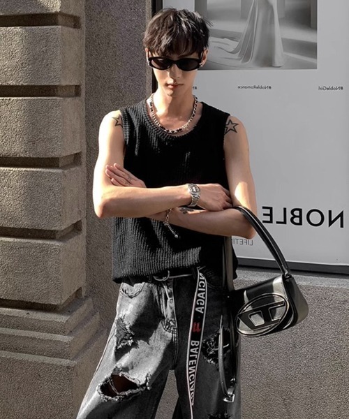 NOWLE（ノウル）の「【NOWLE】Y2K ストライプ サーマル ノースリーブ トップス（タンクトップ・メンズ・ブラック/アッシュブラウン/グレー/ホワイト・FREE）」の9枚目の写真