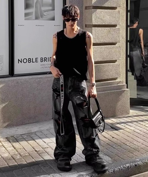 NOWLE（ノウル）の「【NOWLE】Y2K ストライプ サーマル ノースリーブ トップス（タンクトップ・メンズ・ブラック/アッシュブラウン/グレー/ホワイト・FREE）」の12枚目の写真