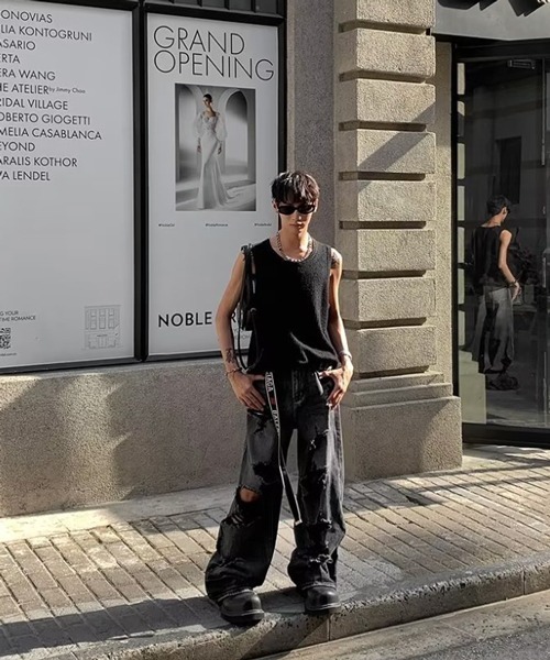 NOWLE（ノウル）の「【NOWLE】Y2K ストライプ サーマル ノースリーブ トップス（タンクトップ・メンズ・ブラック/アッシュブラウン/グレー/ホワイト・FREE）」の11枚目の写真