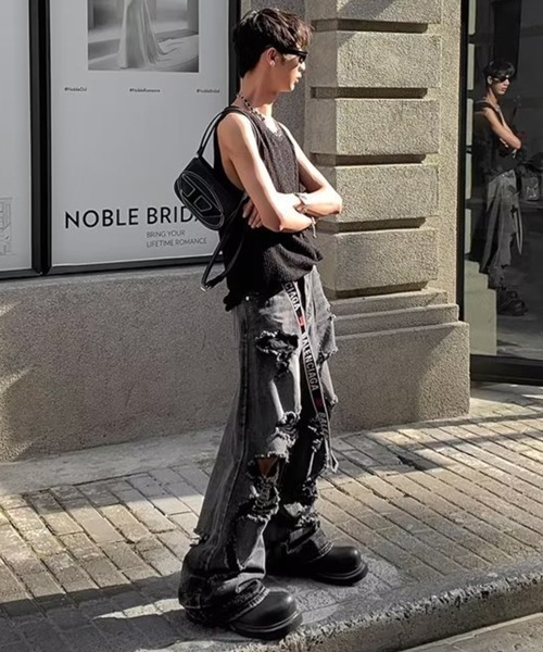 NOWLE（ノウル）の「【NOWLE】Y2K ストライプ サーマル ノースリーブ トップス（タンクトップ・メンズ・ブラック/アッシュブラウン/グレー/ホワイト・FREE）」の13枚目の写真