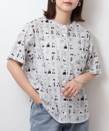 60ローンポッププリントバンドカラーワンポケ猫目釦半袖シャツ