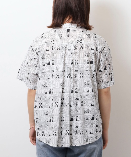 ブラウス シャツ 60ローンポッププリントバンドカラーワンポケ猫目釦半袖シャツ レディース ubasoku ブラウス シャツ 60ローンポッププリントバンドカラー