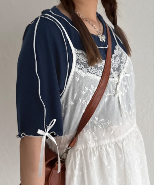 kutir（クティール）の「半袖リボンメロートップス（Tシャツ/カットソー・レディース・ネイビー/レッド/アイボリー/ブラック・FREE）」の3枚目の写真