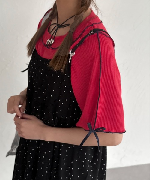 kutir（クティール）の「半袖リボンメロートップス（Tシャツ/カットソー・レディース・ネイビー/レッド/アイボリー/ブラック・FREE）」の4枚目の写真