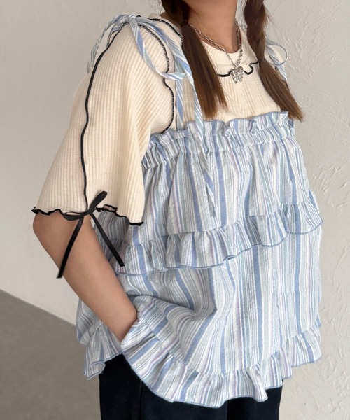 kutir（クティール）の「半袖リボンメロートップス（Tシャツ/カットソー・レディース・ネイビー/レッド/アイボリー/ブラック・FREE）」の2枚目の写真