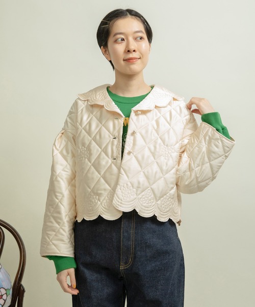 Dot＆Stripes CHILD WOMAN（ドットアンドストライプス　チャイルドウーマン）の「サテンキルトカットワーク はおりジャケット（テーラードジャケット・レディース・アイボリー/カーキ・FREE）」の14枚目の写真