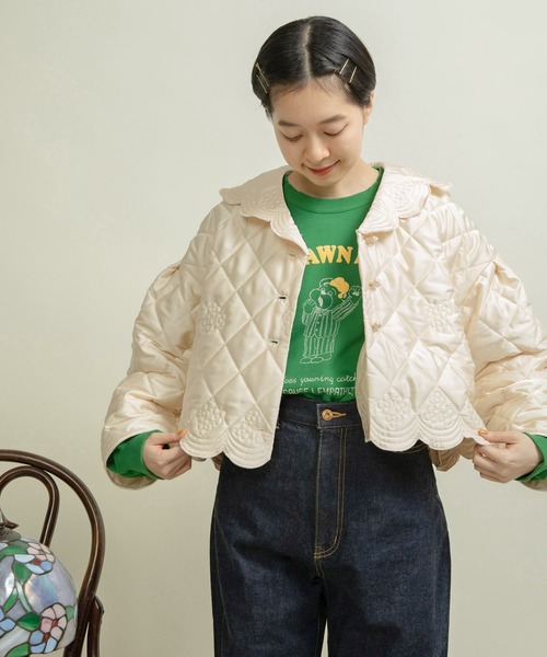 Dot＆Stripes CHILD WOMAN（ドットアンドストライプス　チャイルドウーマン）の「サテンキルトカットワーク はおりジャケット（テーラードジャケット・レディース・アイボリー/カーキ・FREE）」の11枚目の写真