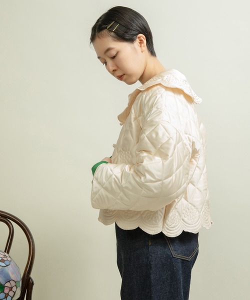 Dot＆Stripes CHILD WOMAN（ドットアンドストライプス　チャイルドウーマン）の「サテンキルトカットワーク はおりジャケット（テーラードジャケット・レディース・アイボリー/カーキ・FREE）」の12枚目の写真