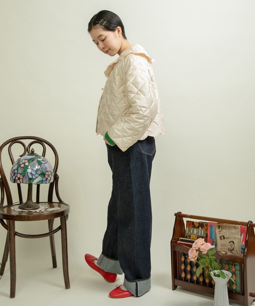 Dot＆Stripes CHILD WOMAN（ドットアンドストライプス　チャイルドウーマン）の「サテンキルトカットワーク はおりジャケット（テーラードジャケット・レディース・アイボリー/カーキ・FREE）」の16枚目の写真