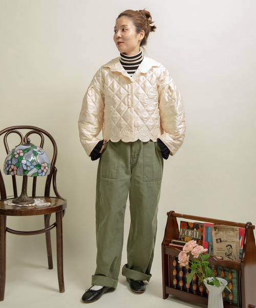 Dot＆Stripes CHILD WOMAN（ドットアンドストライプス　チャイルドウーマン）の「サテンキルトカットワーク はおりジャケット（テーラードジャケット・レディース・アイボリー/カーキ・FREE）」の8枚目の写真