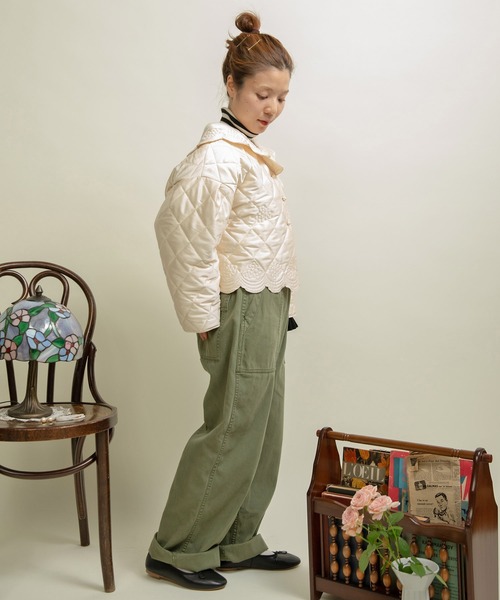 Dot＆Stripes CHILD WOMAN（ドットアンドストライプス　チャイルドウーマン）の「サテンキルトカットワーク はおりジャケット（テーラードジャケット・レディース・アイボリー/カーキ・FREE）」の9枚目の写真