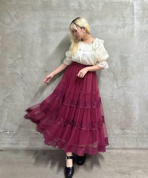 セール】【5色展開】レース切替チュールティアードスカート/ fint