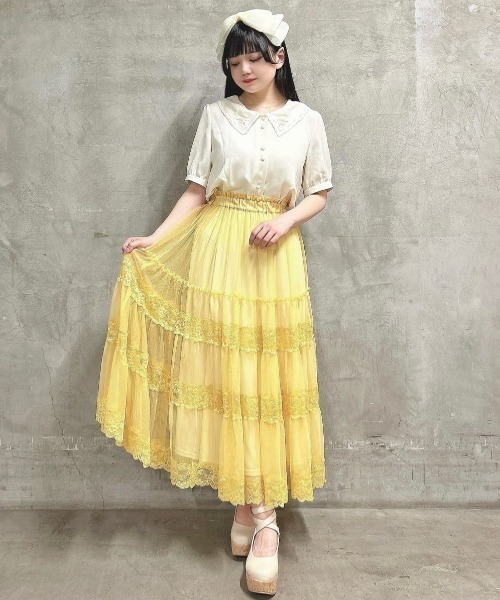 セール】【5色展開】レース切替チュールティアードスカート/ fint