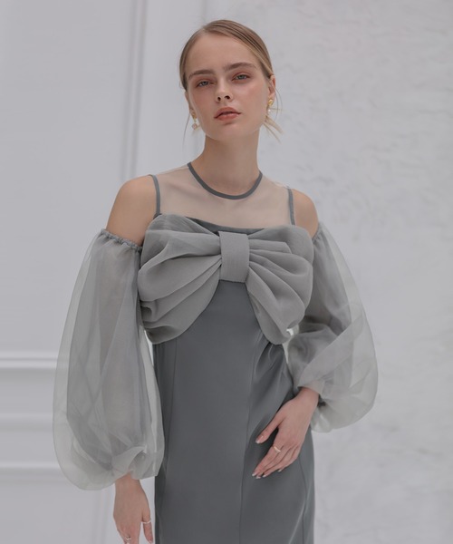 セール】【LEJA】フロントリボンチュールIラインワンピースドレス2点