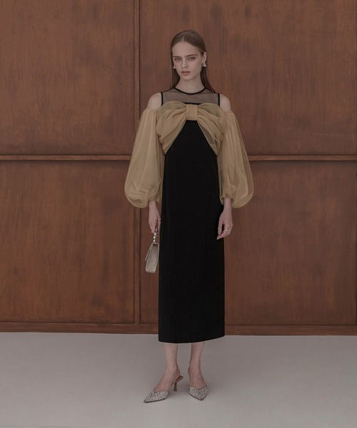 セール】【LEJA】フロントリボンチュールIラインワンピースドレス2点