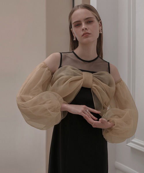 セール】【LEJA】フロントリボンチュールIラインワンピースドレス2点