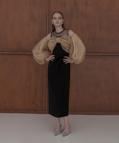 フロントリボンチュールIラインワンピースドレス レジャ Leja フロントリボンチュールIラインワンピースドレス2点セット