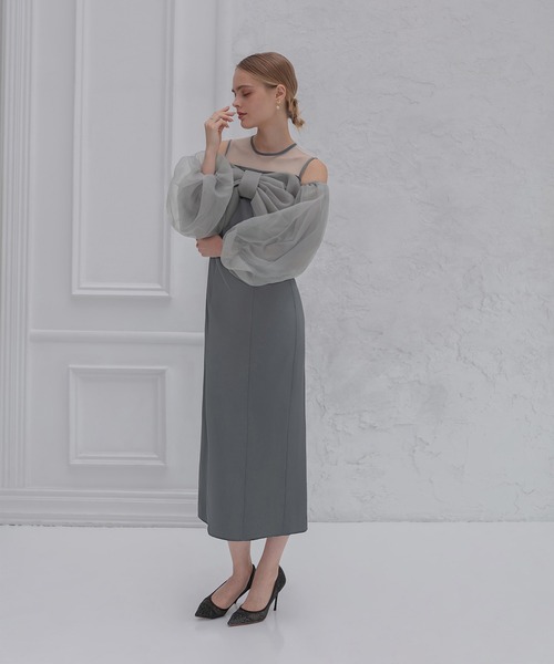 セール】【LEJA】フロントリボンチュールIラインワンピースドレス2点