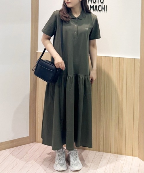 【美品】 ラコステ　ポロシャツ　ワンピース　ロング丈　ベルト付き　コットン　36 LACOSTE（ラコステ）の「ベルトデザインロングポロシャツドレス