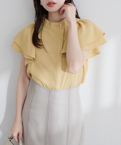 極美品 ダイアグラム ラッフルフリルブラウス コットン イエロー シアーシャツ Te chichi ブラウス シャツ ラッフルフリルアシメブラウス