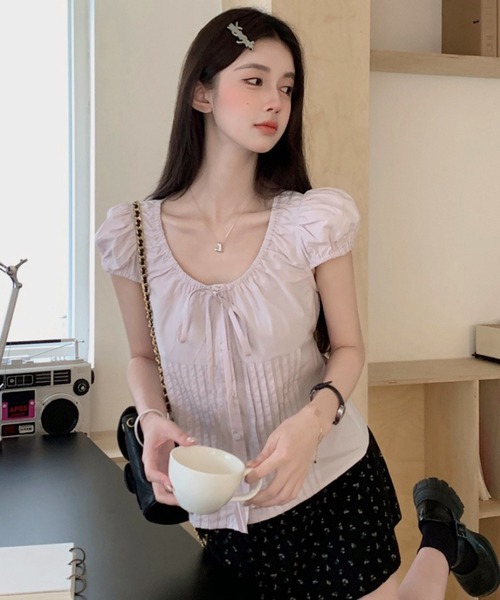 WESTSEA(ウエストシー)の「パフスリーブ リボンデザイン コットンブラウス(シャツ/ブラウス・レディース・ホワイト/ピンク・M/L)」の2枚目の写真
