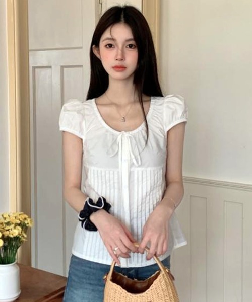 WESTSEA(ウエストシー)の「パフスリーブ リボンデザイン コットンブラウス(シャツ/ブラウス・レディース・ホワイト/ピンク・M/L)」の5枚目の写真