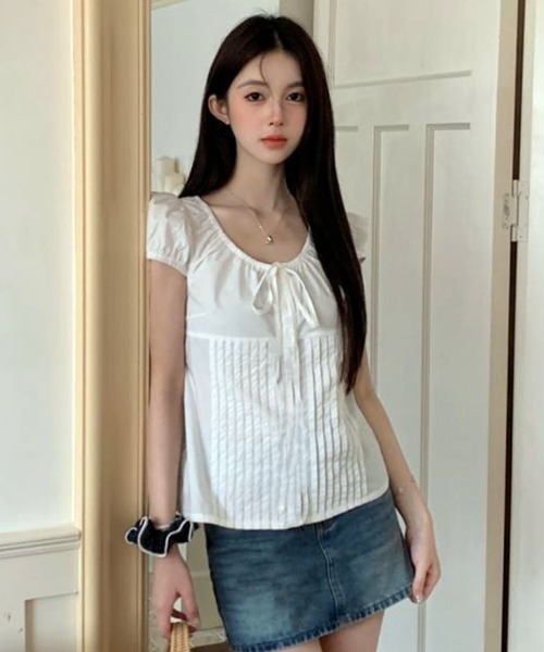 WESTSEA(ウエストシー)の「パフスリーブ リボンデザイン コットンブラウス(シャツ/ブラウス・レディース・ホワイト/ピンク・M/L)」の6枚目の写真