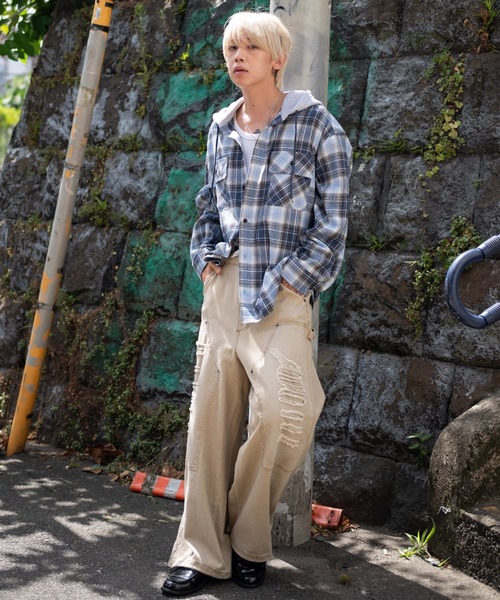 WEGO(ウィゴー)の「WEGO/オンブレチェックフードネルシャツ(シャツ/ブラウス・メンズ・ブルー系その他2/ブラック系その他2・MEDIUM/LARGE)」の4枚目の写真