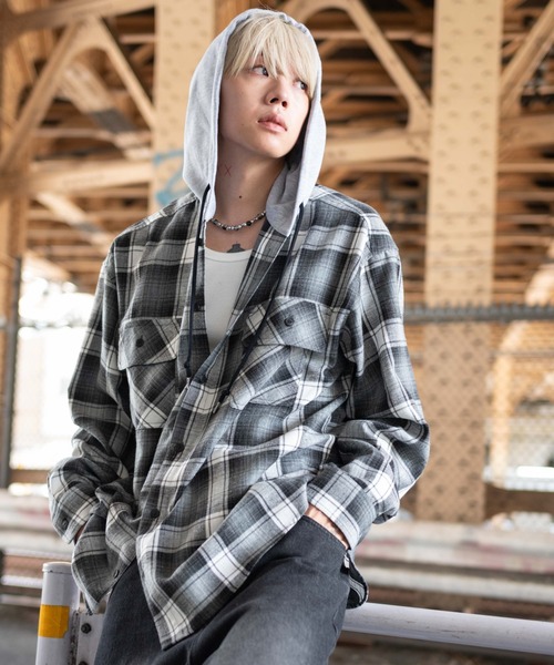 ✨美品！オンブレ！✨ROARK REVIVAL ネルシャツ M グレー セール】WEGO/【25年秋冬新作】オンブレチェックフードネルシャツ