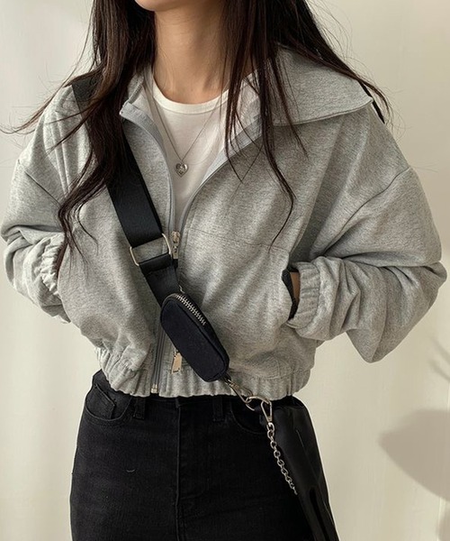 NinaetLina(ニナエリナ)の「薄手 クロップド フルジップ スエット ブルゾン(スウェット・レディース・グリーン/グレー/ブラック・FREE)」の3枚目の写真