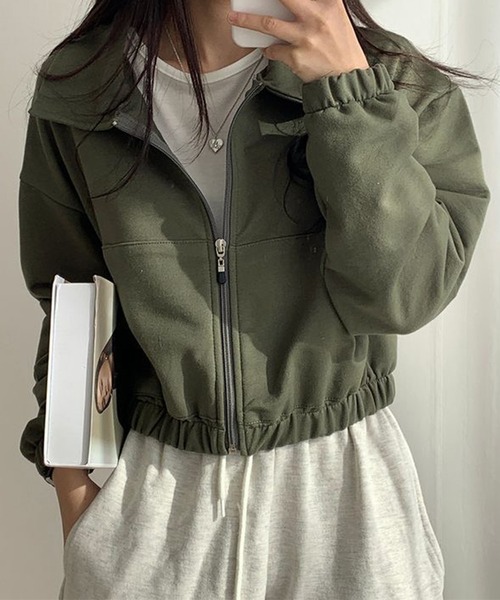 NinaetLina(ニナエリナ)の「薄手 クロップド フルジップ スエット ブルゾン(スウェット・レディース・グリーン/グレー/ブラック・FREE)」の1枚目の写真