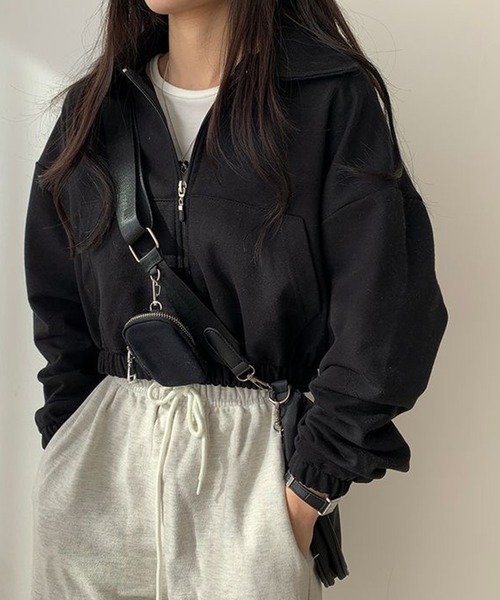 NinaetLina(ニナエリナ)の「薄手 クロップド フルジップ スエット ブルゾン(スウェット・レディース・グリーン/グレー/ブラック・FREE)」の2枚目の写真