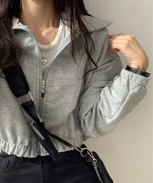 NinaetLina(ニナエリナ)の「薄手 クロップド フルジップ スエット ブルゾン(スウェット・レディース・グリーン/グレー/ブラック・FREE)」の11枚目の写真