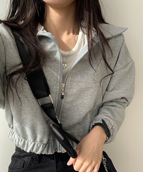 NinaetLina(ニナエリナ)の「薄手 クロップド フルジップ スエット ブルゾン(スウェット・レディース・グリーン/グレー/ブラック・FREE)」の12枚目の写真