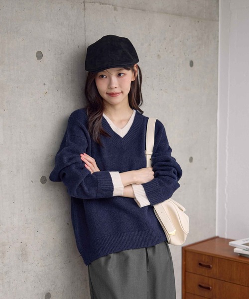 CHAN ME（チャンミ）の「ドッキングレイヤード風ニット（ニット/セーター・レディース・ベージュ/テラコッタ/チャコールグレー/ホワイト/ネイビー・LARGE/X-LARGE/MEDIUM）」の5枚目の写真