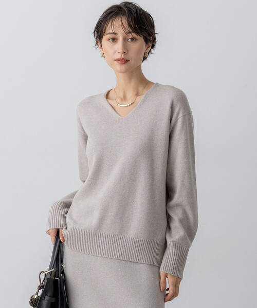 新品　BEIGE, グレー Vネック長袖セーター　オンワード　カシミヤ　M セール】 【洗える】ピュアカシミヤ Vネック ニット （ニット