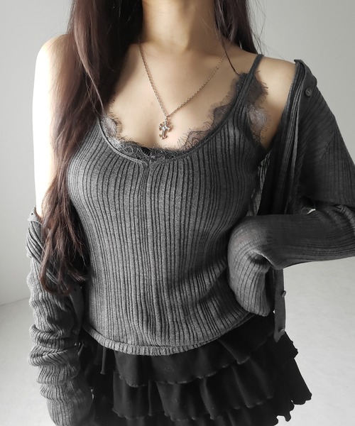 me+em select(ミームセレクト)の「※※【 2点セット 】レースニットキャミソール + シアーニットカーディガン SET / lace knit camisole + sheer knit cardigan SET(アンサンブル・レディース・ブラック/グレー/チャコール・FREE)」の3枚目の写真