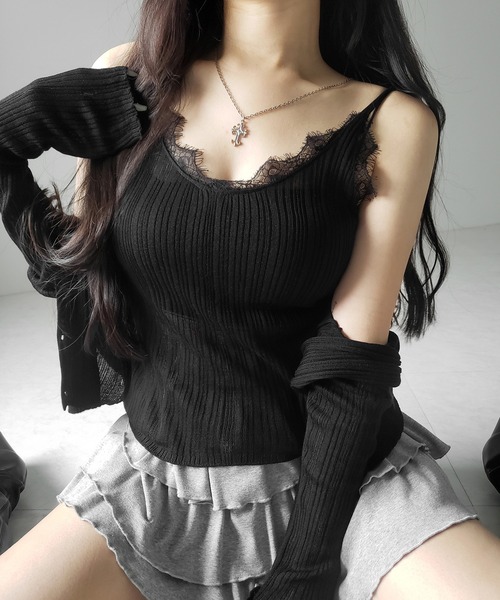 me+em select(ミームセレクト)の「※※【 2点セット 】レースニットキャミソール + シアーニットカーディガン SET / lace knit camisole + sheer knit cardigan SET(アンサンブル・レディース・ブラック/グレー/チャコール・FREE)」の1枚目の写真